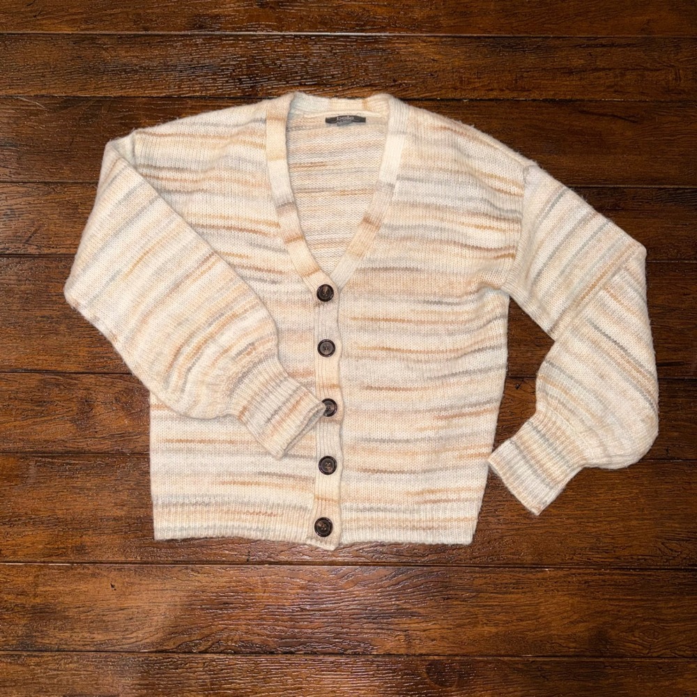 Belle by Beldini Striped Balloon Sleeve Cardigan Sweater Cream Tan Small
